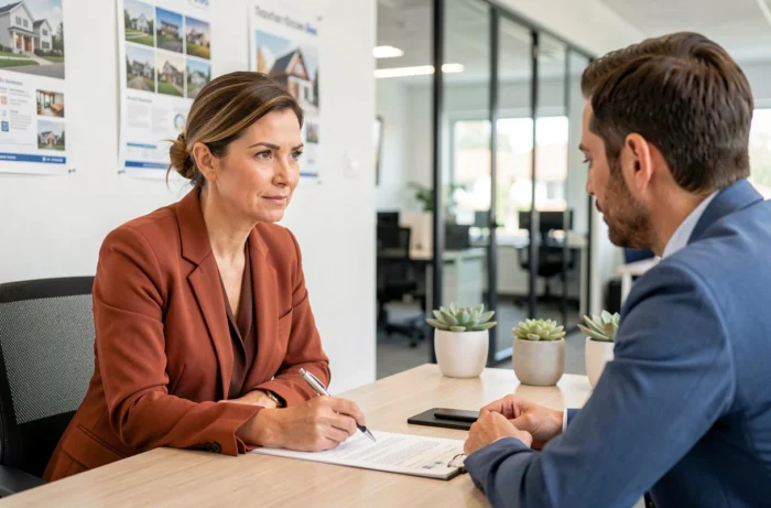 Femme signant un contrat immobilier avec un agent dans une agence moderne lors d'un investissement