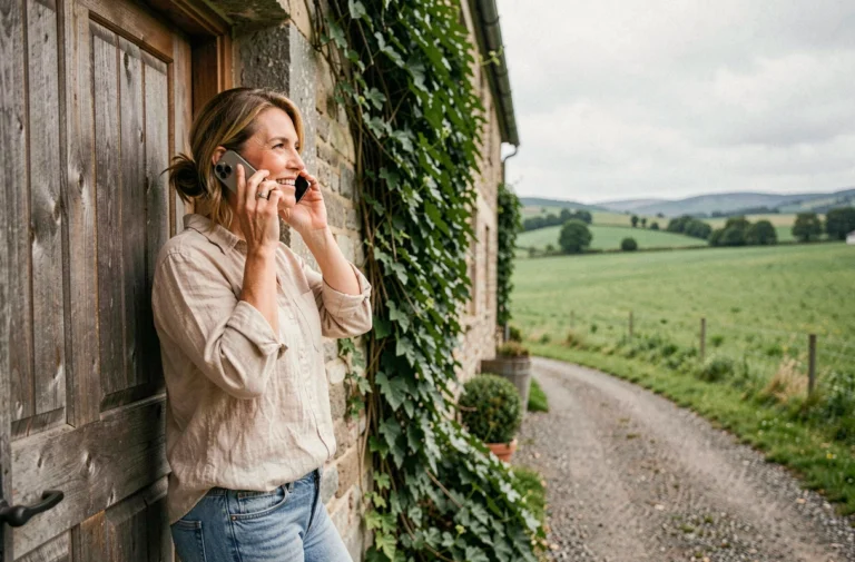 Femme contactant une ferme authentique par téléphone devant une maison de campagne en pierre