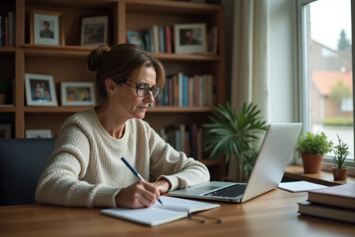 Femme d'âge moyen travaillant à son bureau à domicile