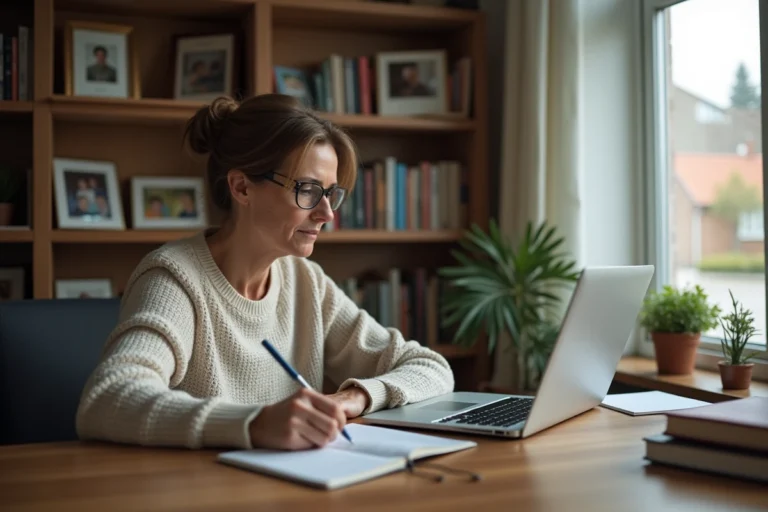 Femme d'âge moyen travaillant à son bureau à domicile