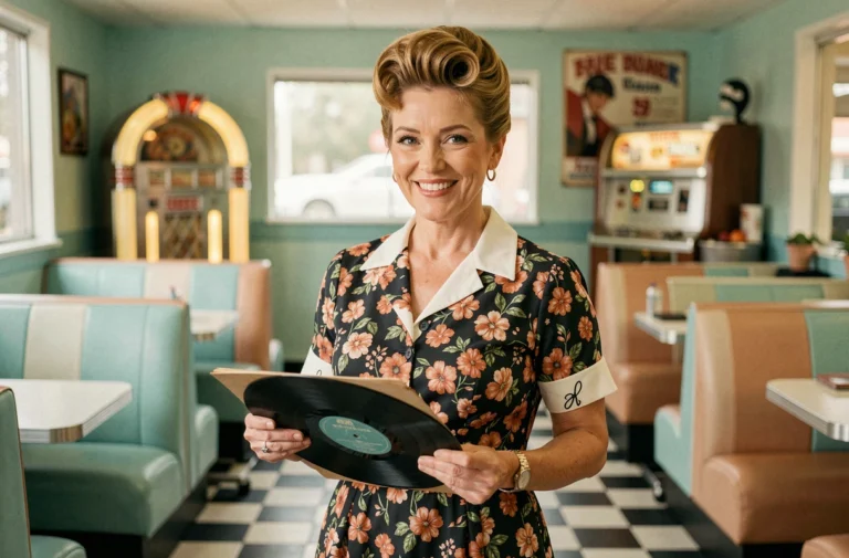 Femme en robe vintage des années 60 tenant un disque vinyle dans un diner rétro américain aux teintes pastel