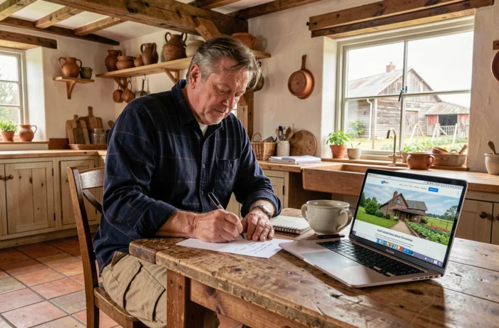 Fermier répondant à une demande de séjour à la ferme depuis sa cuisine rustique