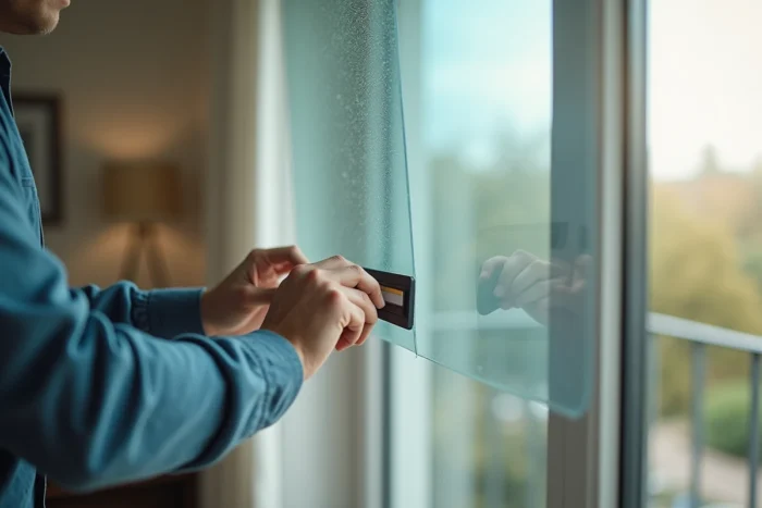 Application d'un film solaire anti-chaleur sur une vitre de fenêtre d'appartement