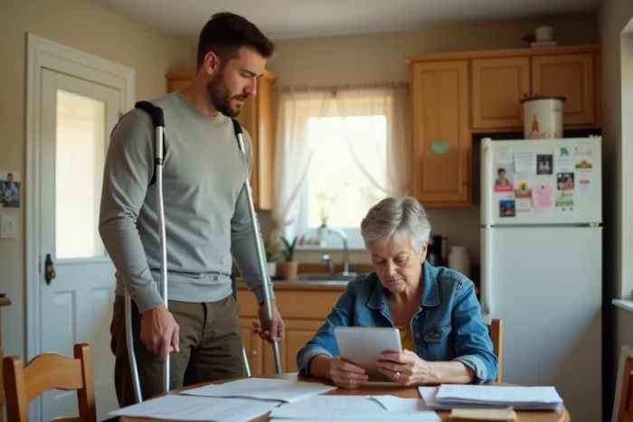 Homme en situation de handicap et sa mère consultant des documents administratifs liés à l'AAH chez les parents