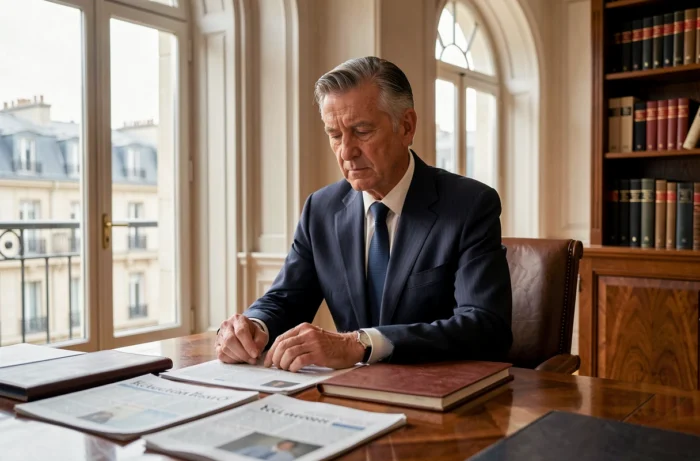 Portrait d'un homme d'affaires influent en costume sombre assis dans une salle de réunion parisienne entourée de journaux financiers
