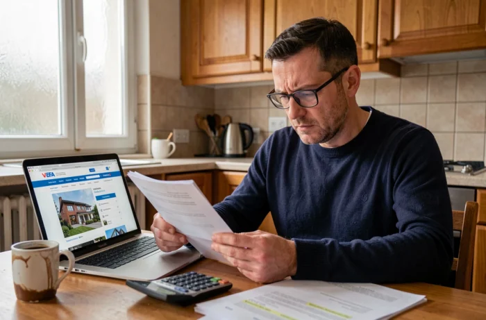 Homme analysant seul des documents VEFA sur une table de cuisine avec un ordinateur portable