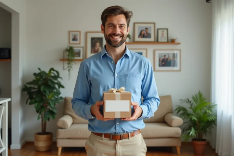 Homme souriant avec cadeau dans un salon lumineux