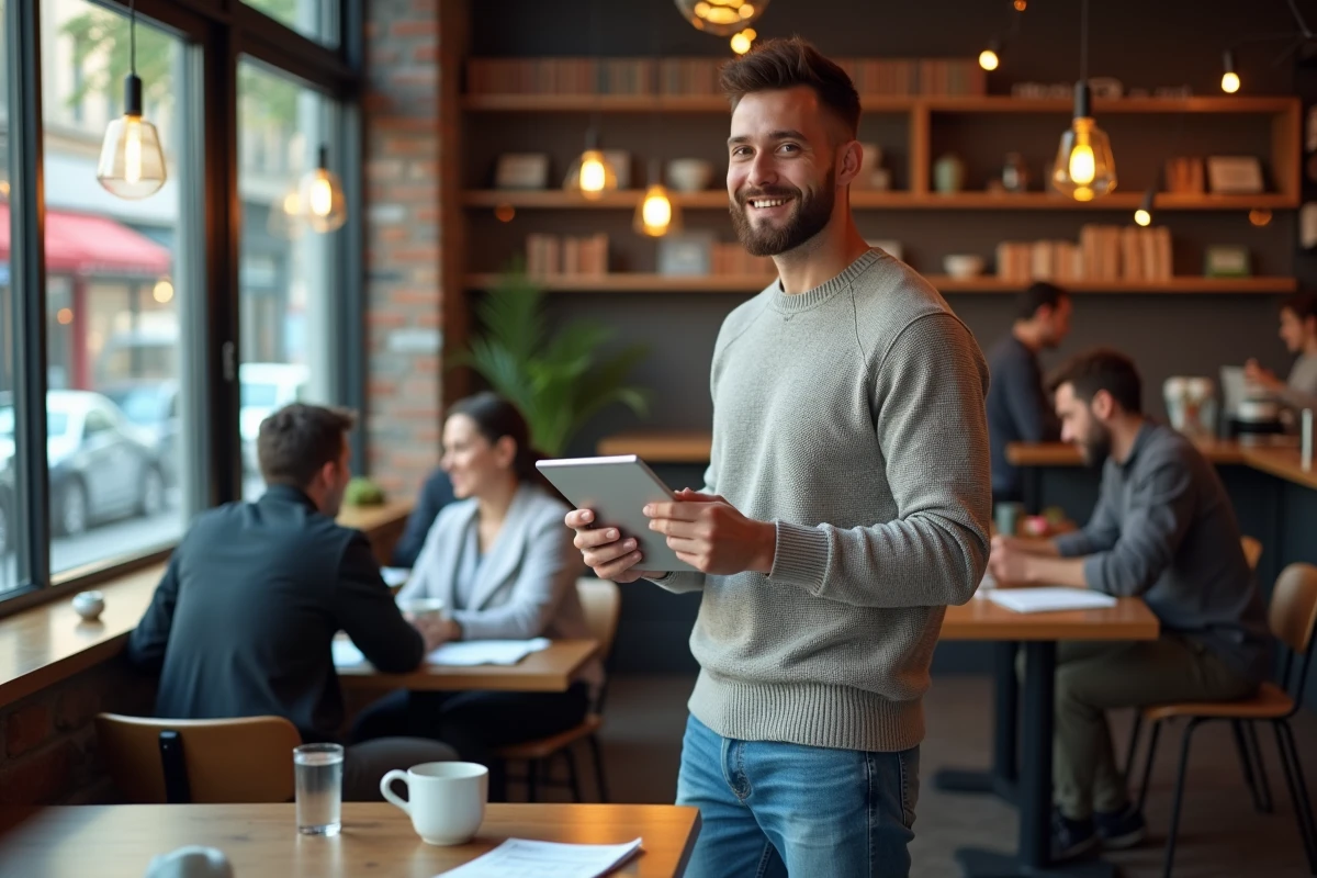Homme discutant business dans un café animé
