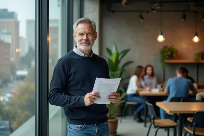 Homme tenant un document sur les avantages du travail flexible dans un espace de coworking contemporain