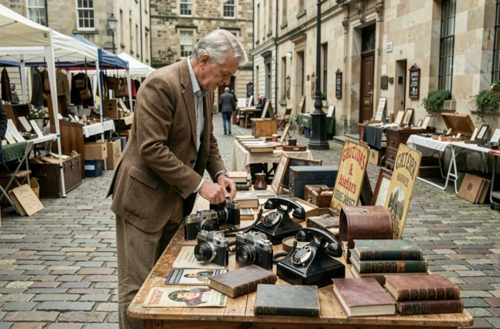 Homme élégant en veste tweed explorant des objets vintage et rétro sur un marché aux puces pavé en plein air