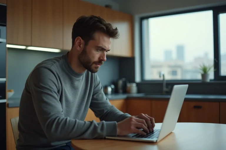Homme en cuisine lisant une annonce en ligne
