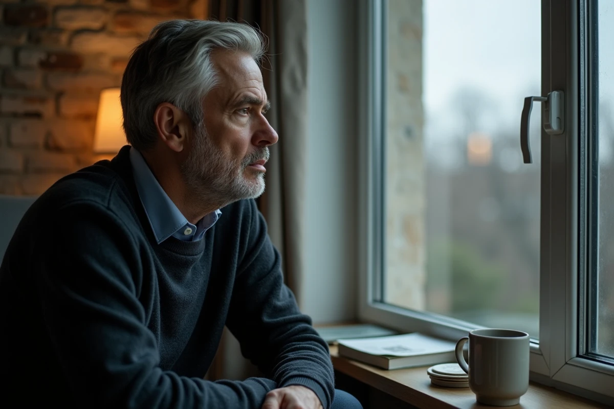 Homme seul regardant par la fenêtre dans un salon moderne