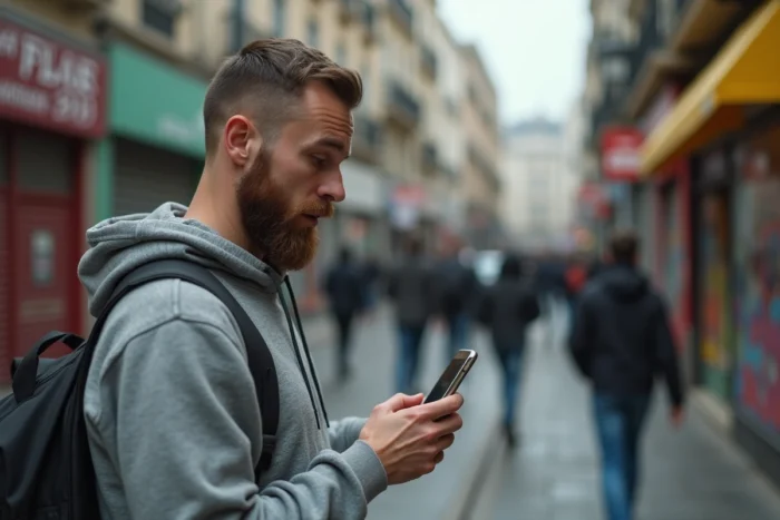 Homme stupéfait consultant son téléphone dans une rue animée découvrant une info surprenante