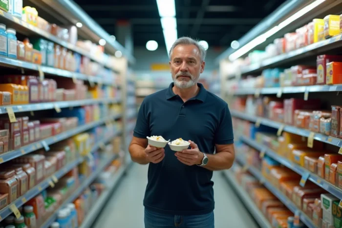 Uomo in un supermercato che confronta due prodotti per trovare il meno caro e risparmiare