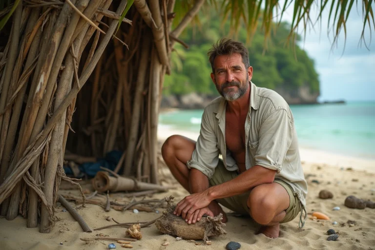 Homme d'âge moyen construisant un abri sur la plage