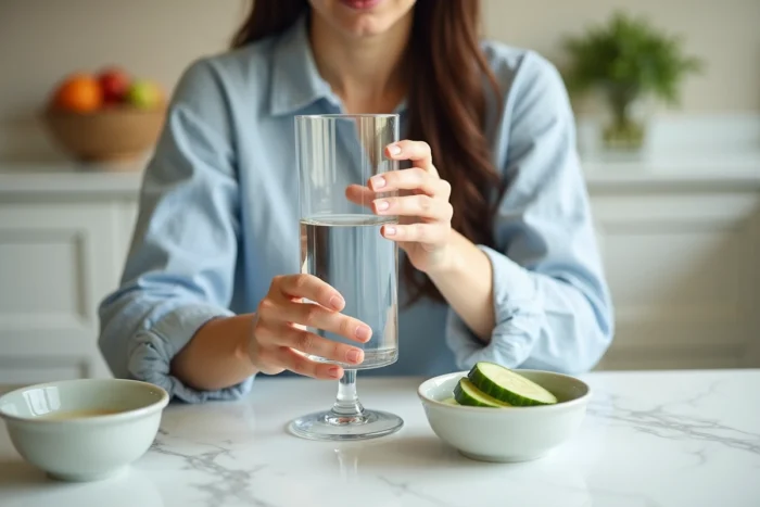 Femme buvant un grand verre d'eau le matin à table pour illustrer l'hydratation interne avant les soins cutanés