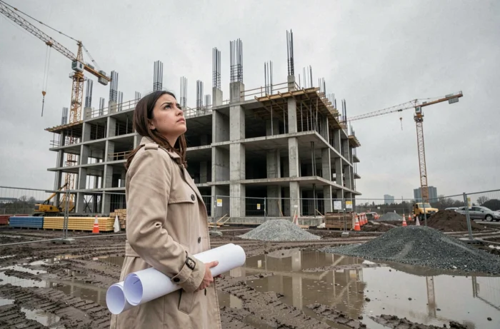 Femme inspectant un chantier de construction VEFA avec des bâtiments en cours d'édification