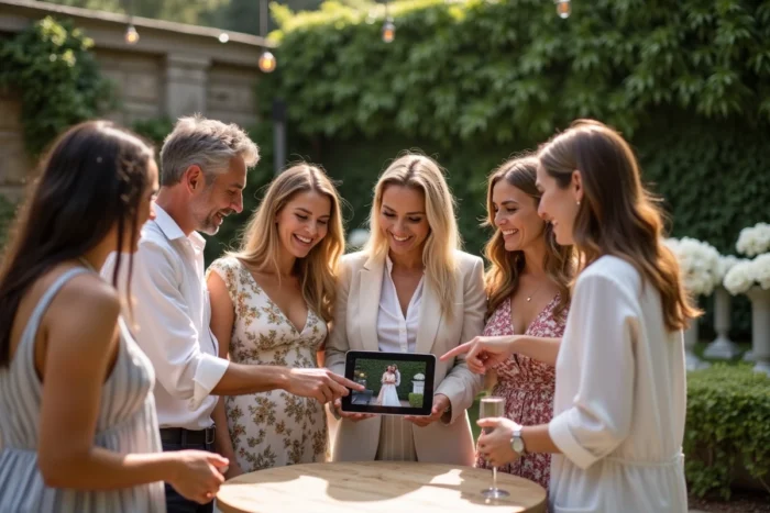 Groupe d'invités d'un mariage regardant ensemble un diaporama sur une tablette lors d'une réception en plein air