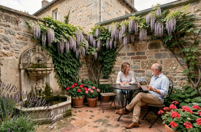 Cour arrière intimiste d'une maison de bourg avec jardin clos en pierre, table bistrot et végétation grimpante