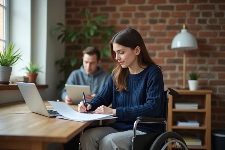 Jeune femme en fauteuil roulant consultant des documents sur l'AAH en colocation dans un appartement partagé