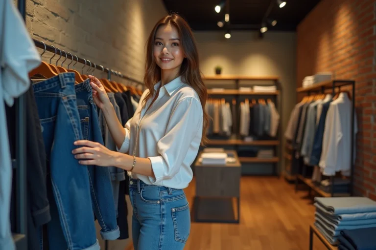 Jeune femme tendance dans une boutique de mode urbaine