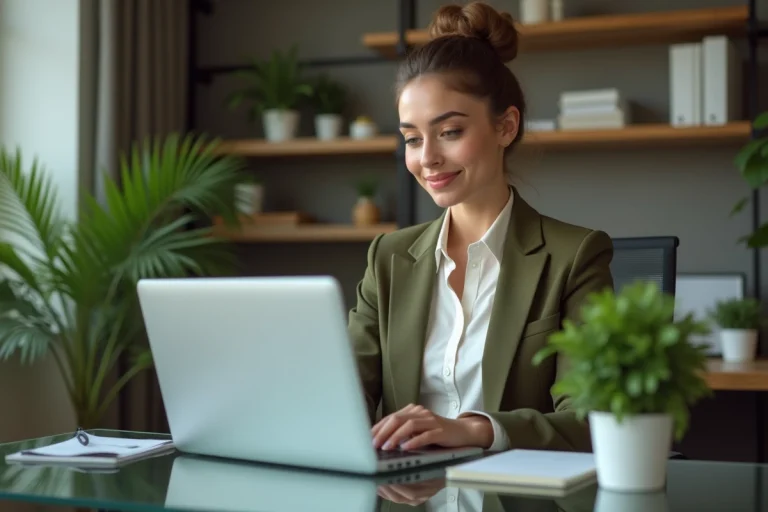 Jeune femme professionnelle travaillant sur son ordinateur dans un bureau moderne
