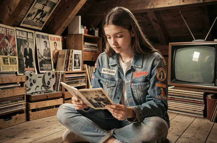Jeune femme en veste en jean rétro des années 70 contemplant une vieille photo entourée d'objets vintage dans un grenier
