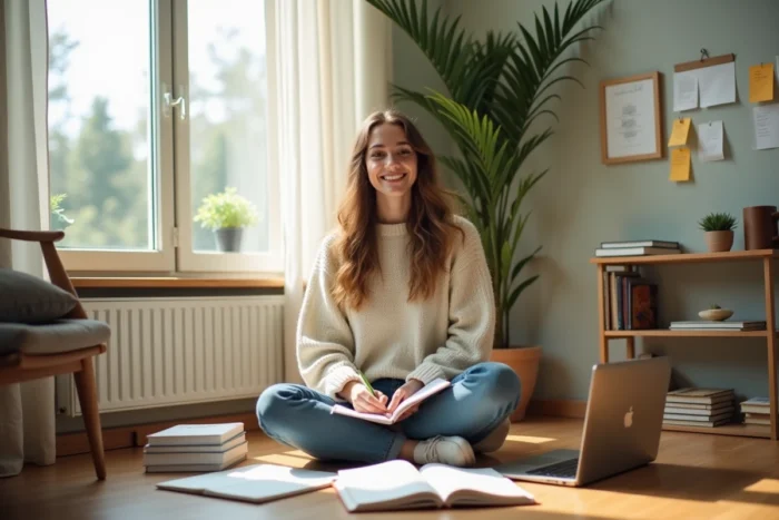 Jeune femme épanouie écrivant dans son journal intime entourée de notes d'inspiration dans son bureau à domicile