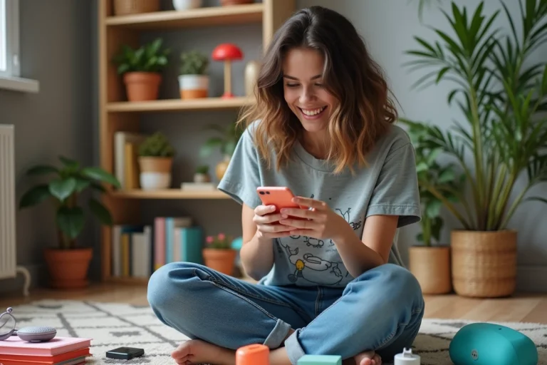 Jeune femme souriante avec smartphone dans un salon cosy