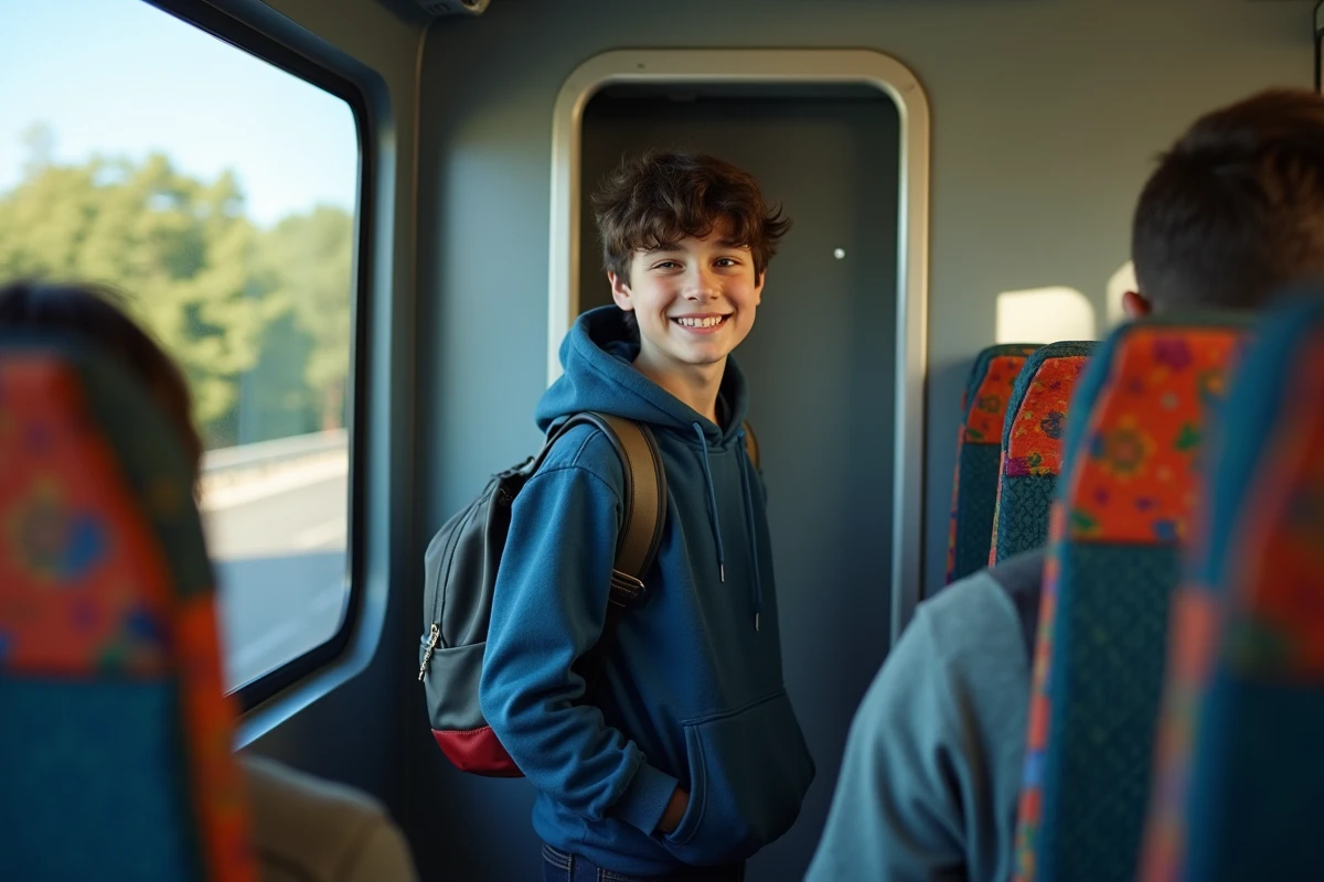 Garçon sortant de la toilette dans un bus de covoiturage