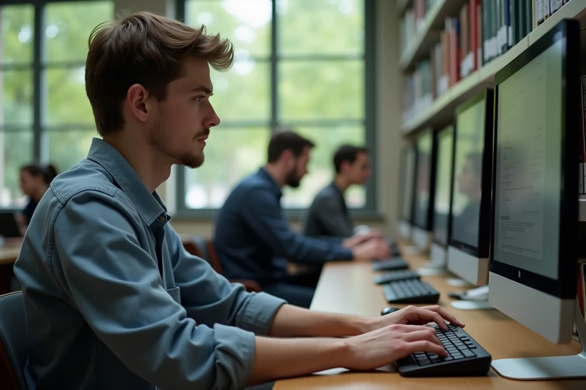 Jeune homme utilisant un ordinateur à la bibliothèque