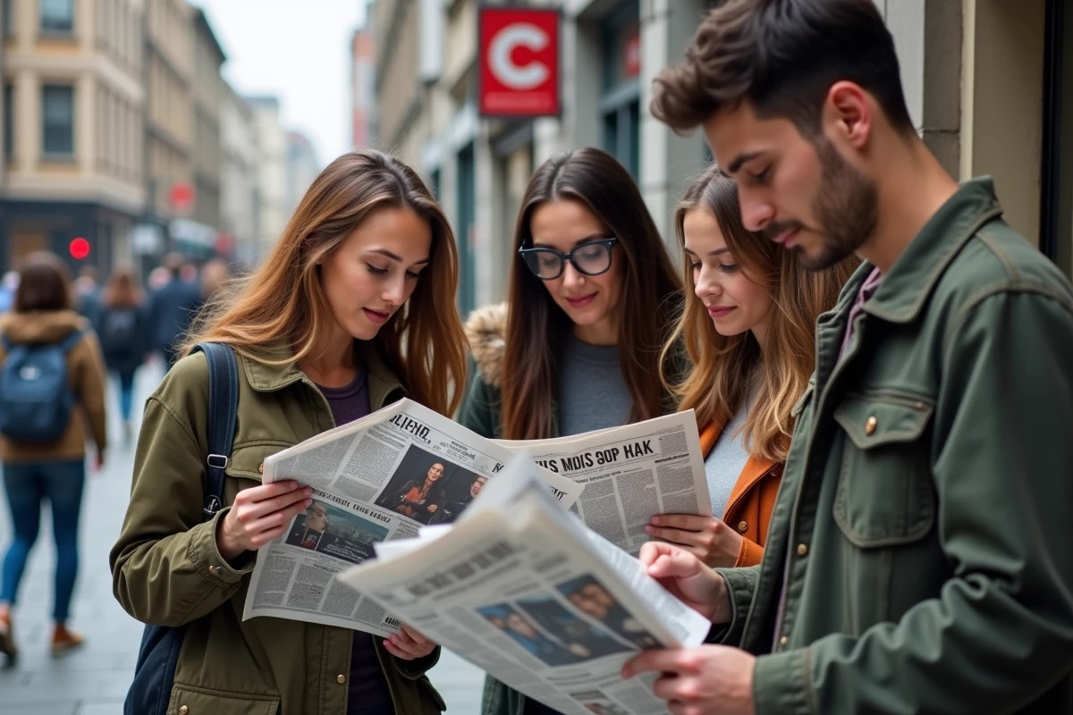 Jeunes adultes discutant autour d un kiosque à journaux en ville