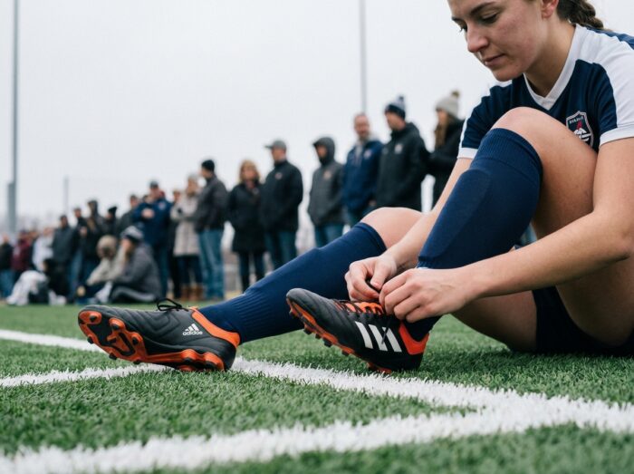 Joueuse de football qui lace ses crampons sur le bord du terrain synthétique avant un match du week-end