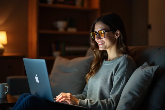 Femme portant des lunettes anti-lumière bleue teintées ambre en regardant un écran d'ordinateur le soir sur son canapé