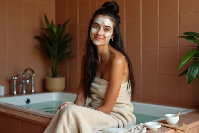 Femme appliquant un masque capillaire nourrissant sur ses cheveux assise au bord d'une baignoire pour un soin hebdomadaire adapté