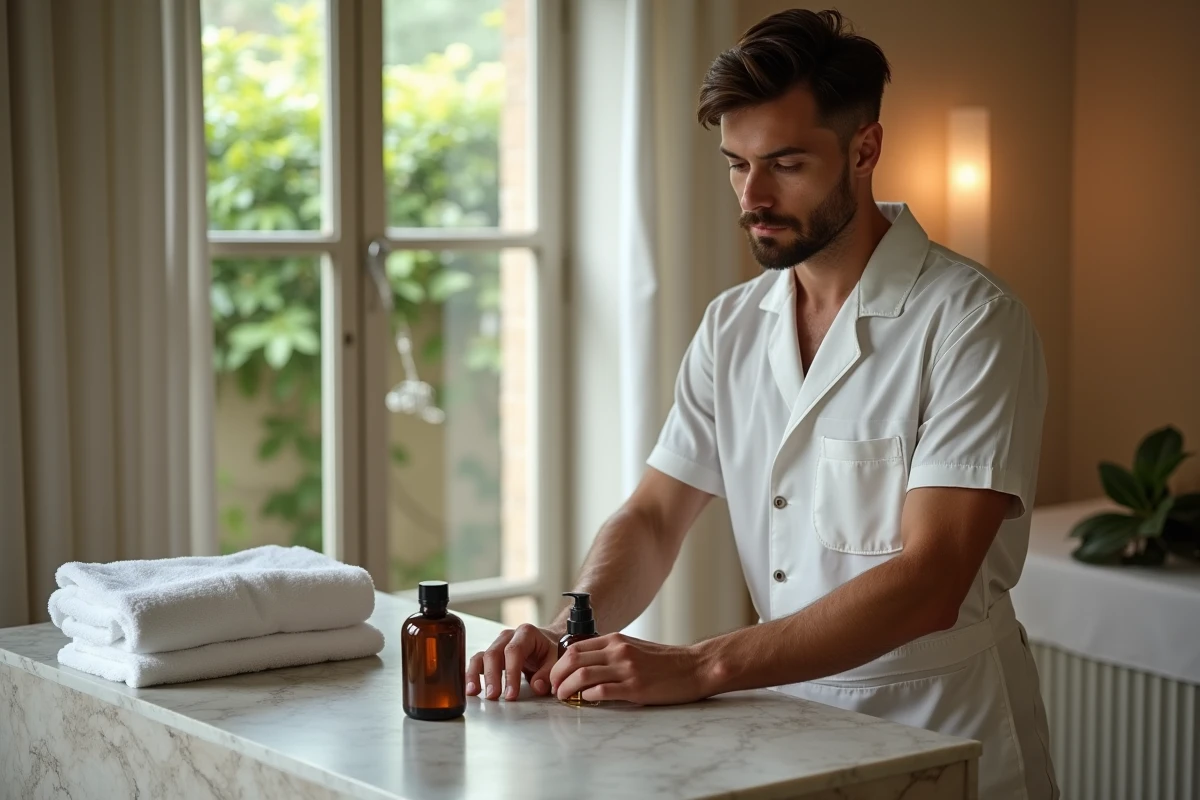 Masseur préparant des huiles dans un spa élégant à Paris