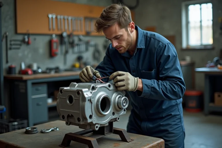 Mécanicien inspectant le moteur d'un scooter 50cc dans un atelier de mécanique moto urbain