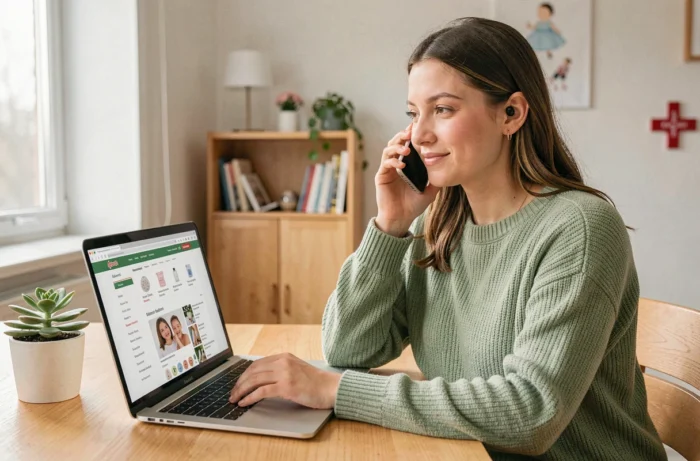 Jeune mère contactant un magasin de puériculture suisse par téléphone depuis son bureau à domicile