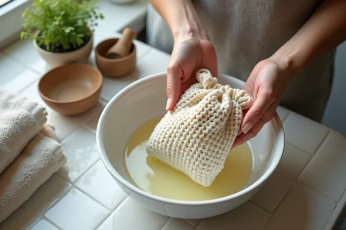 Mains plongeant un sac au crochet dans un bol d'eau amidonnée pour le rigidifier à la maison