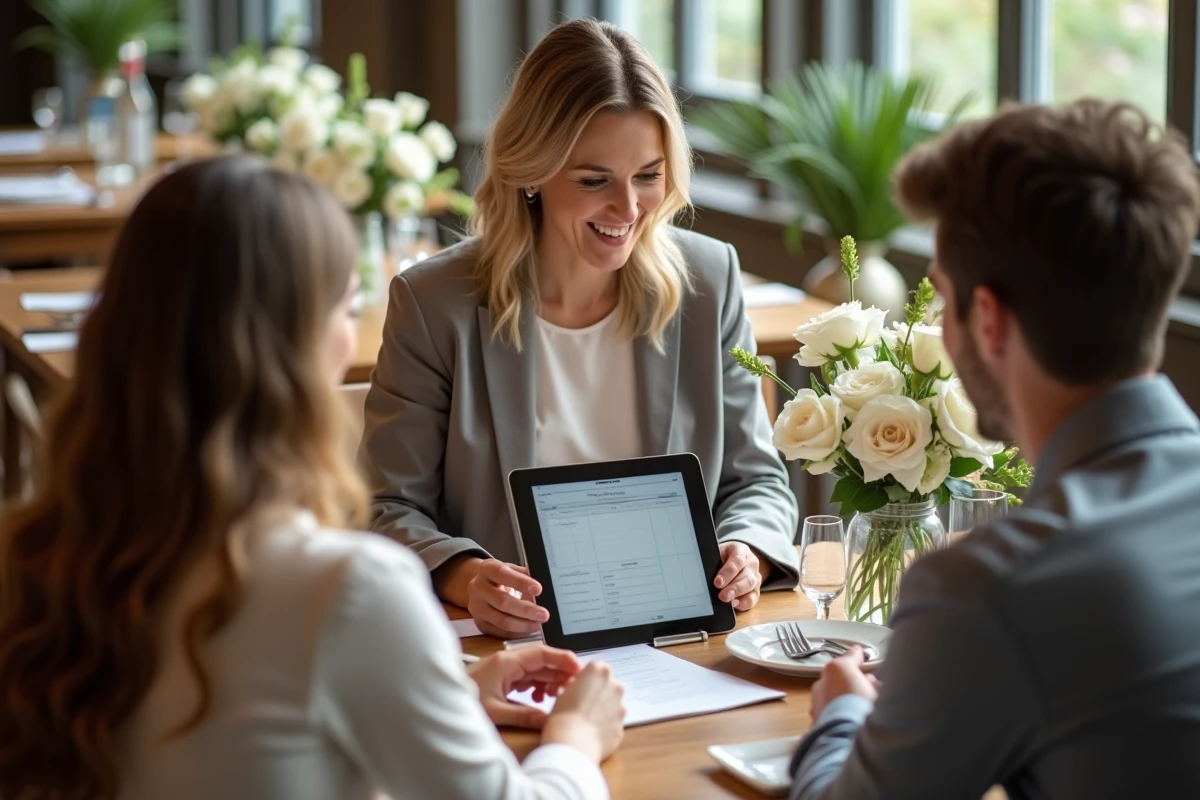 Femme organisatrice montrant un planning de mariage à un couple