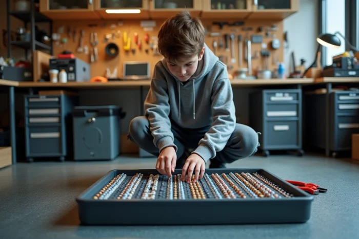 Adolescent organisant ses composants électroniques dans une boîte à outils dans un atelier de garage