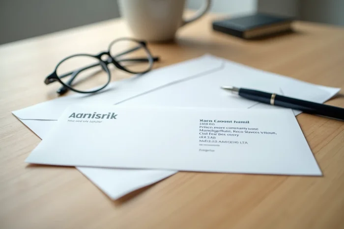 Papeterie officielle avec le nouveau nom et la nouvelle adresse d'une entreprise imprimés sur enveloppe et carte de correspondance