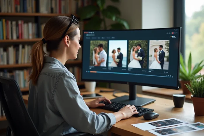 Photographe de mariage professionnelle en train de monter un diaporama sur son ordinateur dans un studio créatif