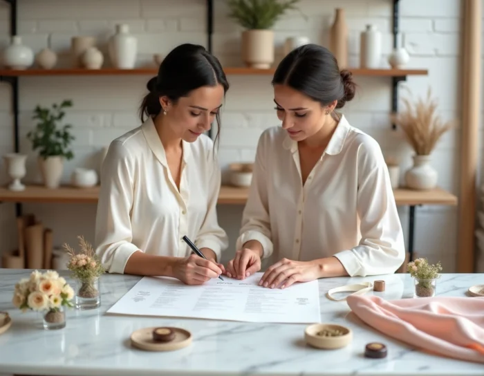 Mariée et planificatrice de mariage examinant des décorations personnalisées et des échantillons de rubans dans un atelier élégant