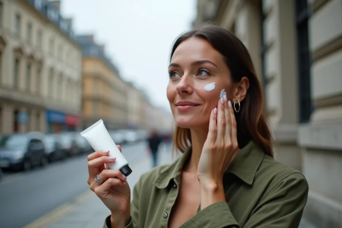 Femme appliquant de la crème solaire sur son visage par ciel couvert en milieu urbain pour une protection solaire quotidienne