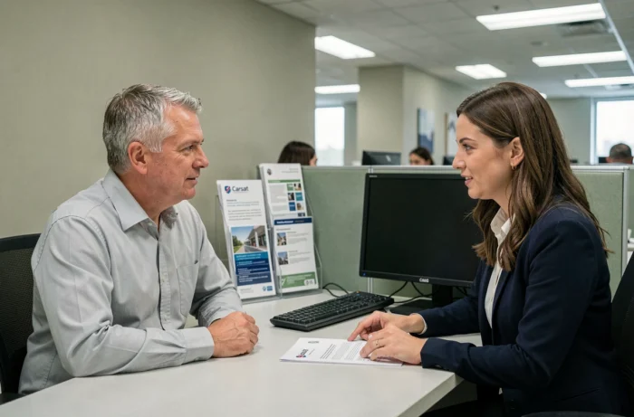 Homme en rendez-vous conseil dans une agence Carsat pour préparer sa retraite