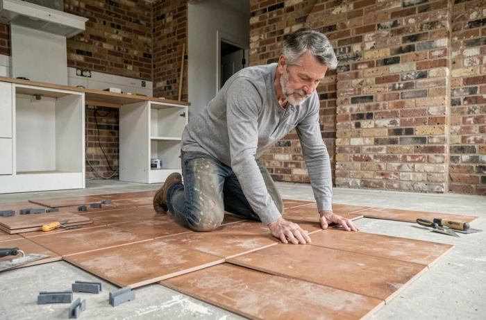 Homme posant des carreaux en terre cuite lors d'une rénovation de cuisine avec murs en briques apparentes