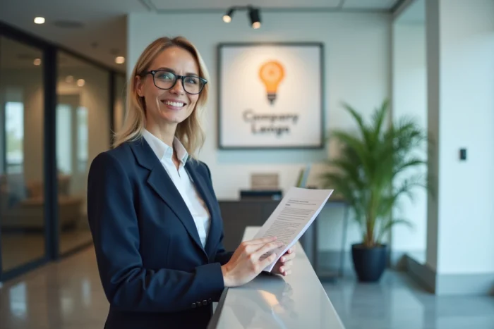 Responsable administrative présentant le nouveau nom et logo d'une entreprise dans un hall de bureau contemporain