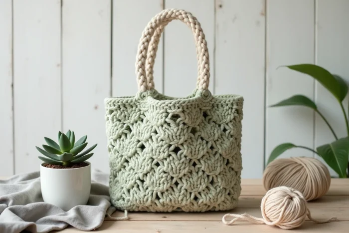 Sac au crochet rigidifié posé sur une table en bois, conservant parfaitement sa forme structurée