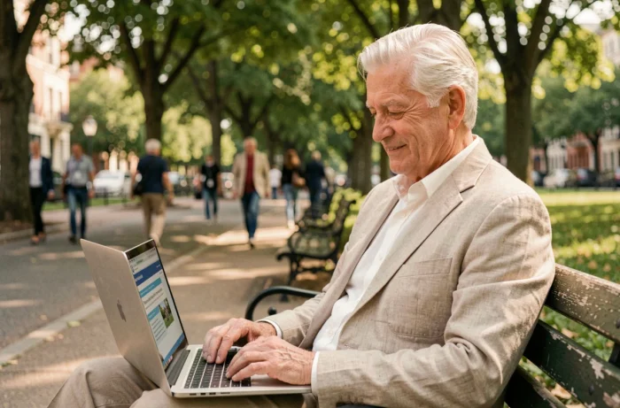 Homme retraité consulte des informations sur l'assurance retraite en ligne dans un parc